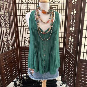 Anthropologie Maeve Saona Forest Green Pleated V Neck Button up Tank Top Sz SM